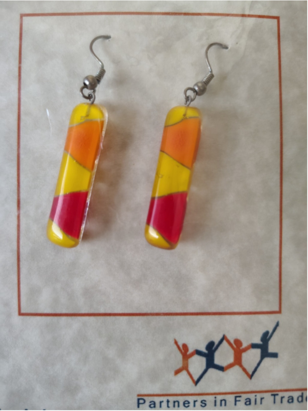 Handmade artisan Fused Glass Earrings Yellow Orange Red Dangle drop